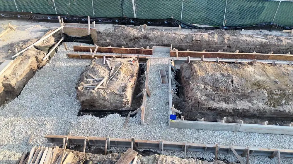 Close-up aerial detail of foundation footings