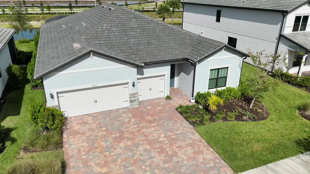 Aerial photograph of a residential roof and front elevation